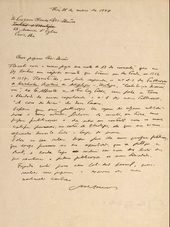 Carta de Artur Ramos enviada a Claude Lévi-Strauss e datada de maio de 1948