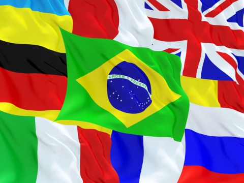 Bandeiras de países: Brasil, França, Japão, Itália, Reino Unido, Romênia, Rússia, Ucrânia