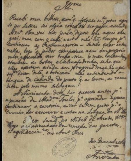 Carta a Antônio de Meneses Vasconcelos de Drumond enviando notícias pessoais.