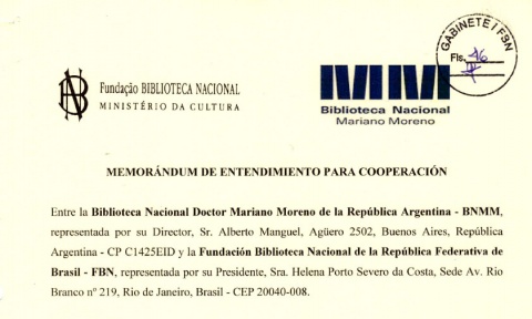 25 de abril de 2018 - Trecho inicial do Memorando de Entendimento para Cooperação institucional e técnica, firmado entre a BN e a BNMM (Biblioteca Nacional da Argentina).