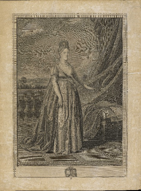 A gravura de Manuel Aguillar, do século XIX, integra o acervo da Divisão de Iconografia e retrata Carlota Joaquina de corpo inteiro.