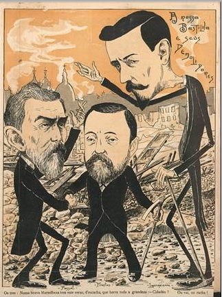 Na edição n° 96 de O Malho, de 16 de julho de 1904, uma caricatura de Jayme traz os cérebros da reforma urbanista: o prefeito Pereira Passos, Paulo de Frontin e Lauro Muller.