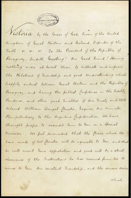 Carta da rainha Vitória do presidente da República do Paraguai  