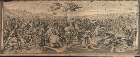 A gravura em água-forte é do artista italiano Pietro Aquila (ca. 1650-1692) a partir de obra de Rafael Sanzio e Giulio Romano. Esta impressão é posterior, do século XVIII. 