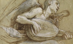 Imagem do acervo da Biblioteca Nacional. Desenho a bico de pena guache e grafite Fenzoni, Ferrau. Anjo tocando alaúde. Séc. XVII.