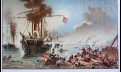 Imagem retrata a Batalha Naval do Riachuelo.