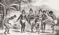 Obra Danse de sauvages de la Mission de St: José, de Jean-Baptiste Debret, do álbum Voyage Pittoresque dans le Brésil.